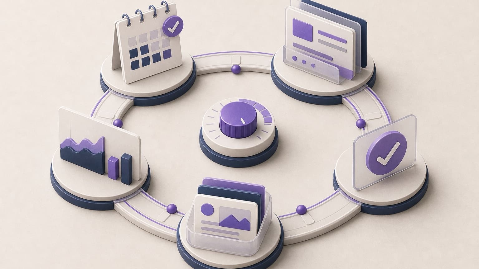 Five connected stages in a controlled social media automation workflow